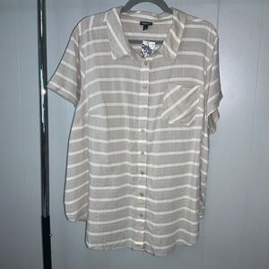 Torrid tan white stripe cotton blend camp shirt Sz 2 (2X) curve hem short sleeve